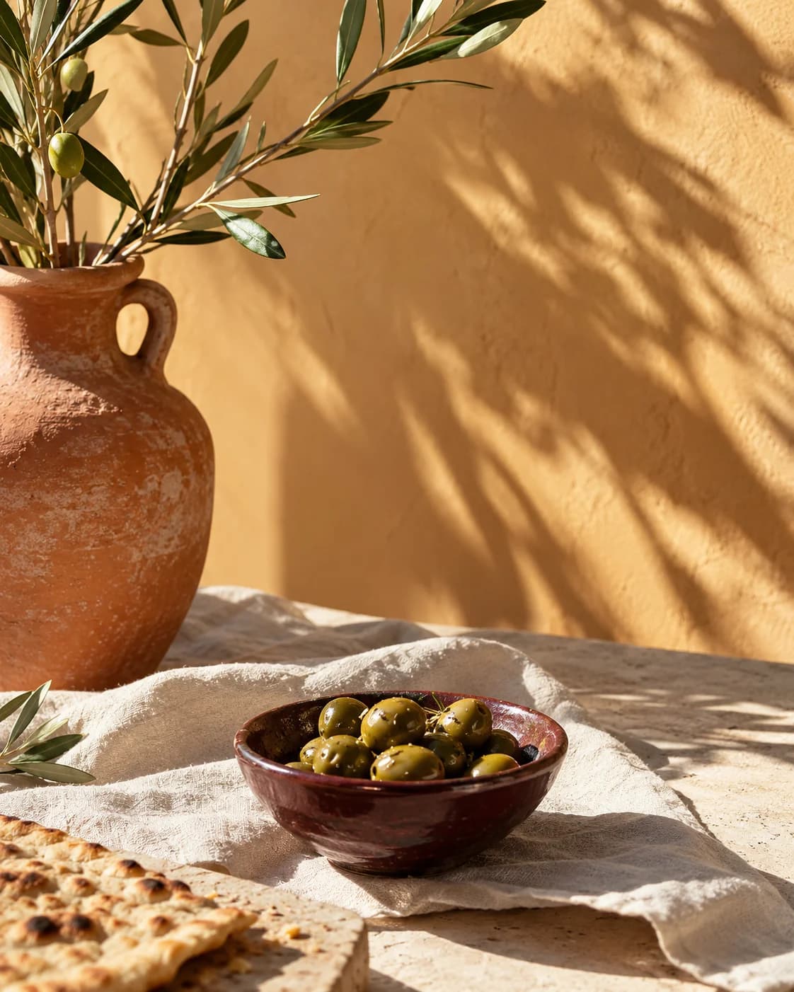 Olijftakken, een terracotta vaas en een schaal olijven op een warm gedekte tafel